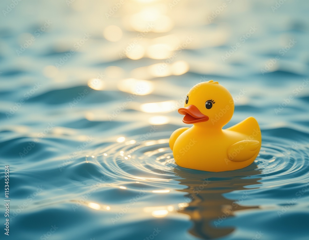 Yellow Rubber Duck Floating on Calm Water at Sunset Yellow Rubber Duck Floating on Calm Water at Sunset