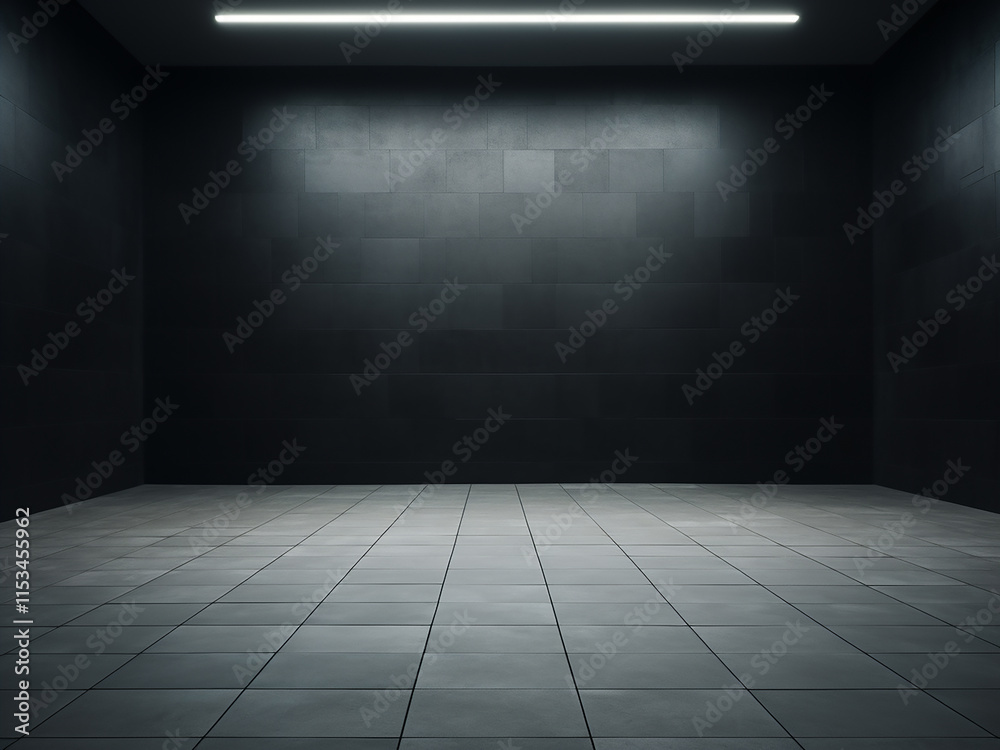 Fototapeta premium A dimly lit room featuring a tile floor and wall as the background
