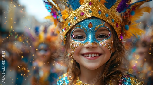 Children and adults in themed costumes and masks celebrating in a cheerful street festival photo