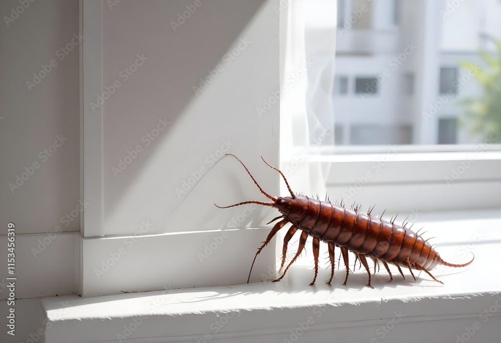 Fototapeta premium A giant centipede crawling on a white surface near a window