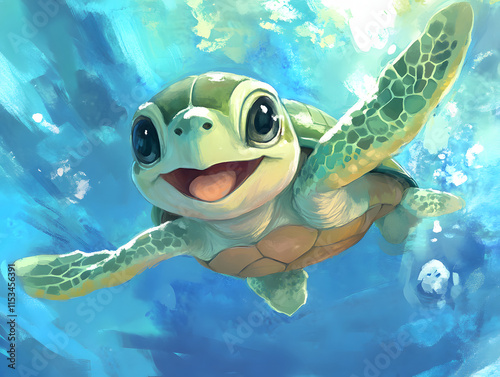 Smiling baby turtle swim under water illustration