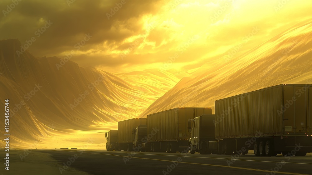 Obraz premium Aid Trucks on a Desert Road: Humanitarian Logistics, Emergency Relief, Desert Transportation, and Crisis Response