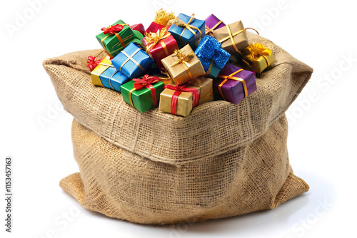 large burlap sack filled with colorful wrapped Christmas Presents white photo