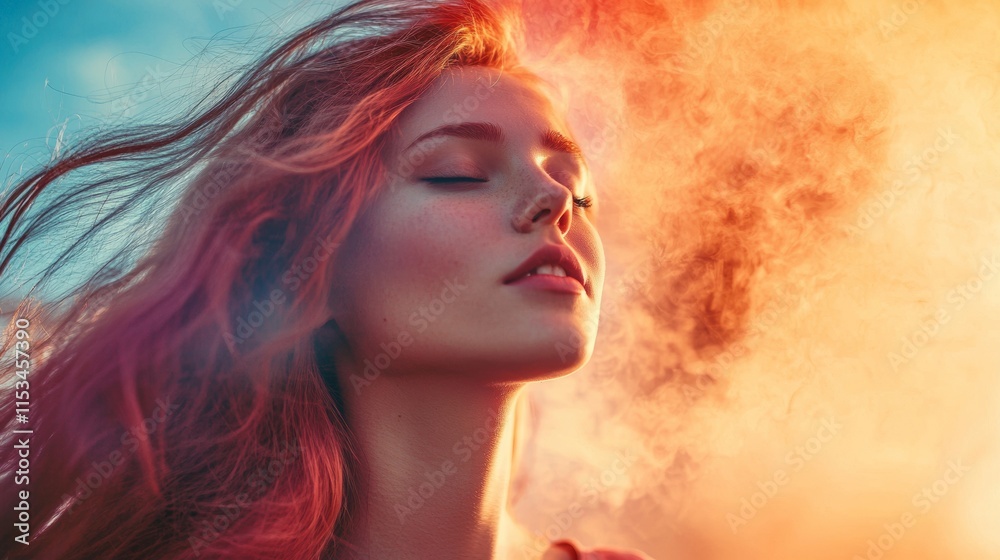 Woman with fiery red hair amidst glowing smoke Woman with fiery red hair amidst glowing smoke