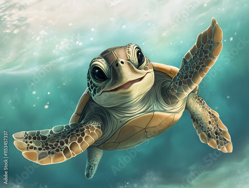 Smiling baby turtle swim under water illustration