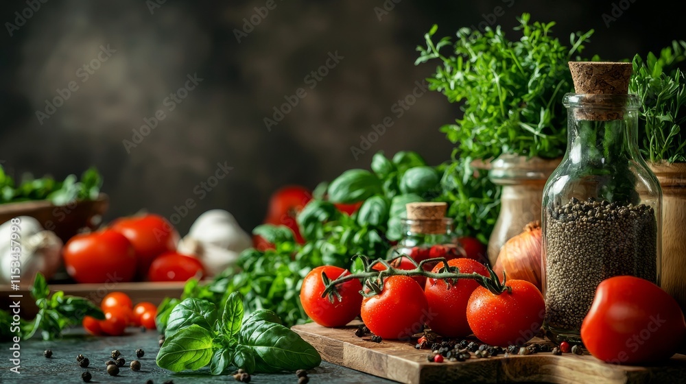Fresh vegetables and herbs in a rustic kitchen setup Fresh vegetables and herbs in a rustic kitchen setup