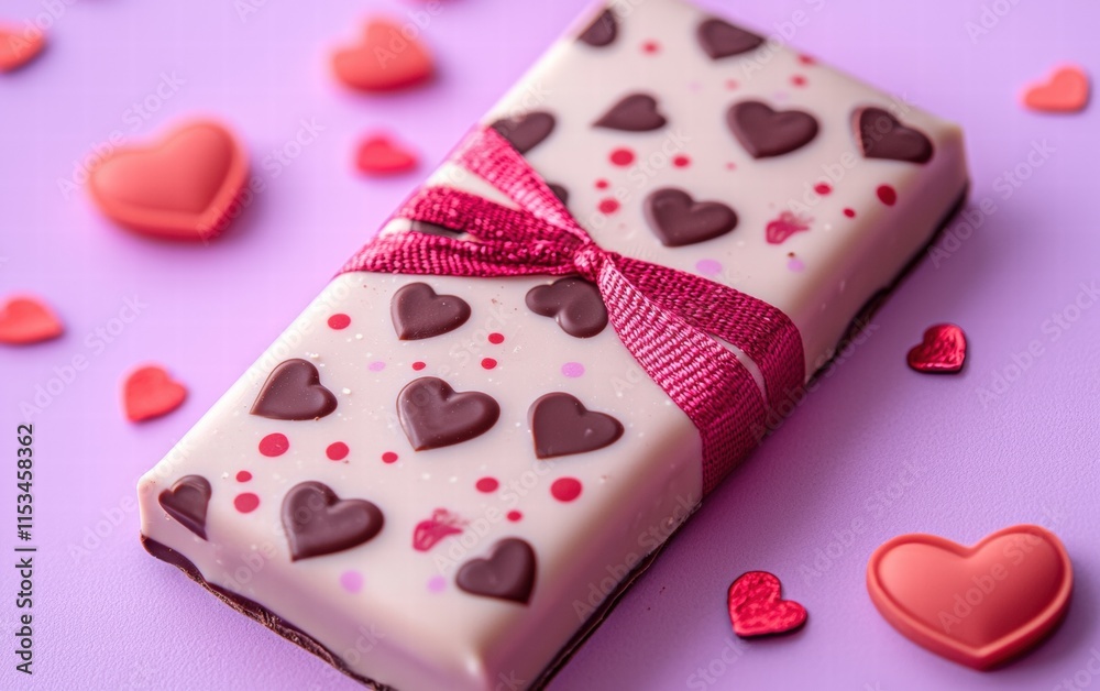 A beautifully wrapped chocolate bar with a valentines day design, on a pastel purple background A beautifully wrapped chocolate bar with a valentines day design, on a pastel purple background