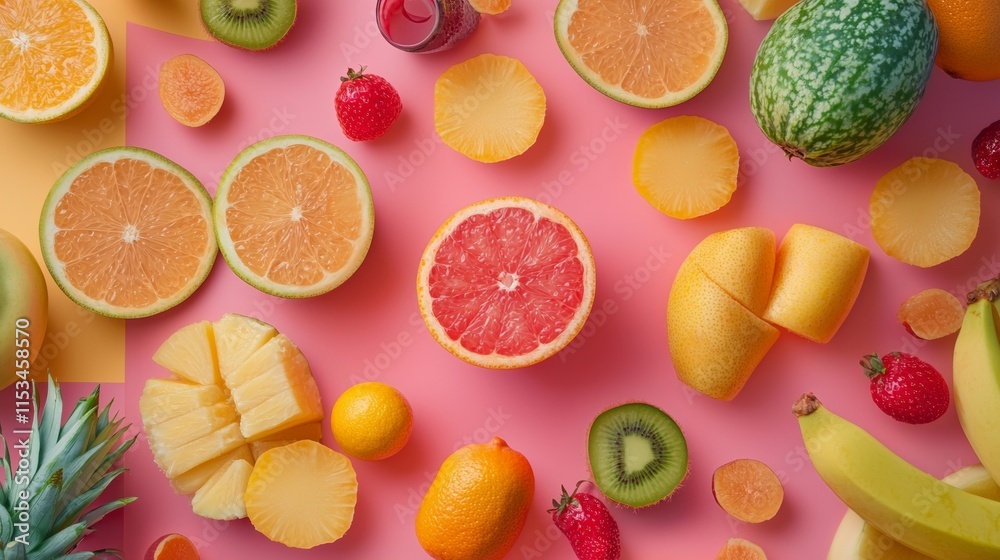 Tropical fruit slices on a pink background Tropical fruit slices on a pink background