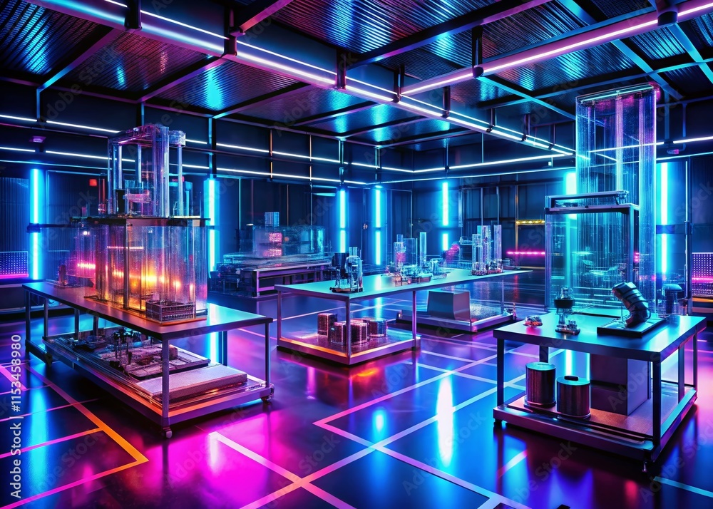 Fototapeta premium Futuristic AI Robotic Drug Screening Neon Lab Landscape