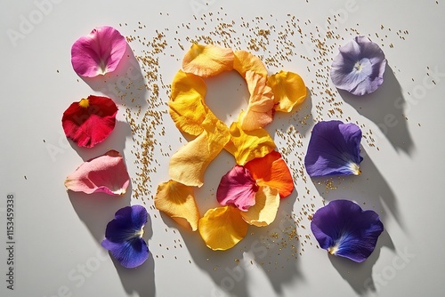 creative flat lay of colorful flower petals and golden sparkles arranged to form shape of 8 on clean white ceramic photo