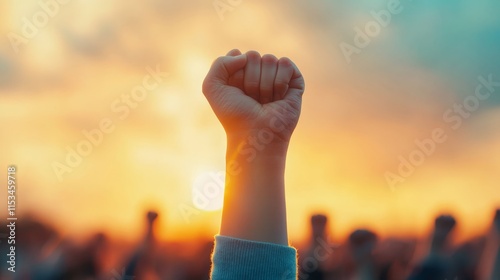 Clenched Fist Raised Against Sunset Sky Symbolizing Strength and Unity in Protest or Solidarity Movement photo