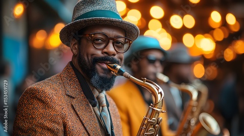 Jazz musicians in colorful outfits performing under festive streetlights in a lively neighborhood photo