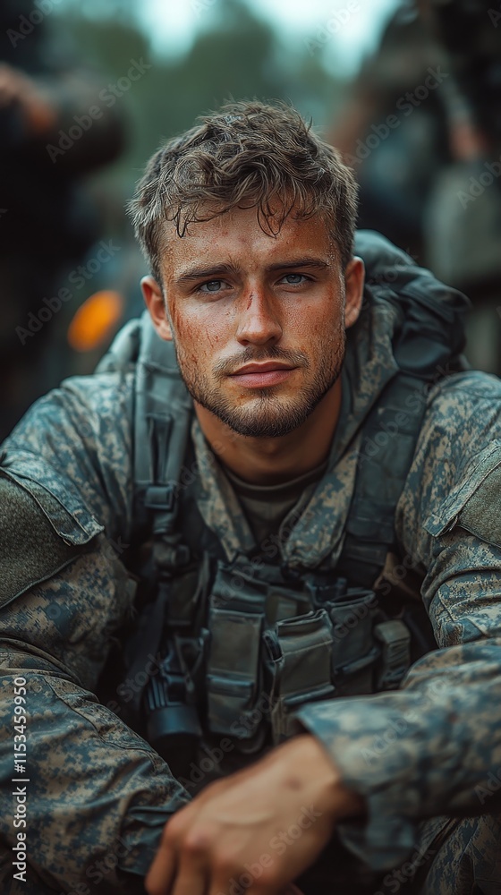 Fototapeta premium Soldier in camouflage gear sits with a focused expression, surrounded by blurred figures and a natural outdoor setting
