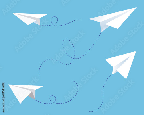 Set of paper airplane vector. Origami paper airplane flying in the air.