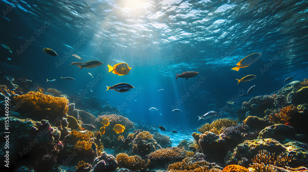 Naklejka premium An underwater perspective showcasing various species of fish and corals resting at the seafloor. Seafloor. Illustration