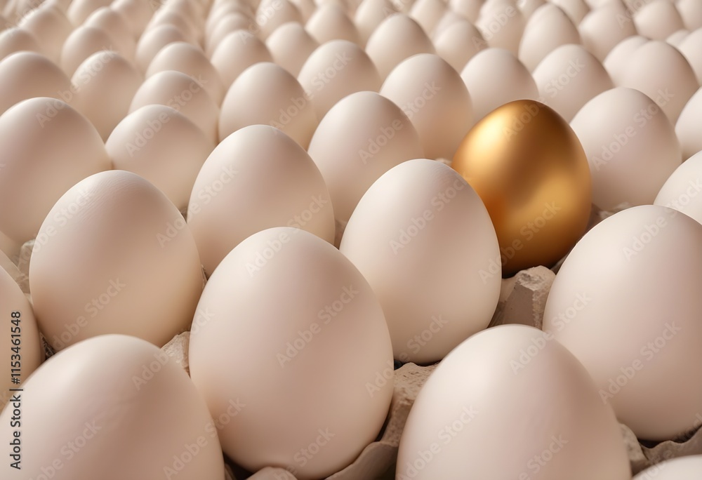 Rows of white eggs with one golden egg standing out among them Rows of white eggs with one golden egg standing out among them