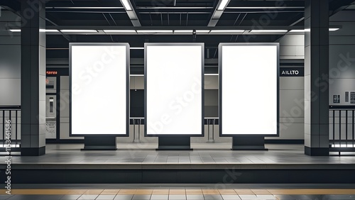 Front view of three empty white billboard screens at the metro station. Mock up. Blank advertising billboards in the subway