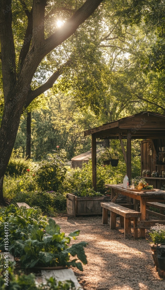 A serene garden scene featuring a wooden table, benches, and lush greenery. A serene garden scene featuring a wooden table, benches, and lush greenery.