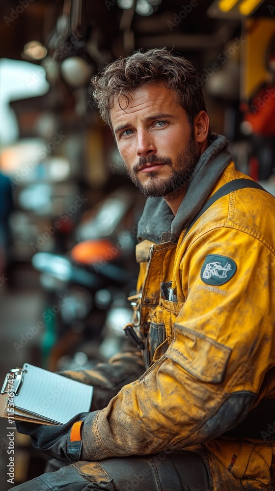 Man in a yellow work jacket holds a clipboard, sitting in a workshop with motorcycles in the background Man in a yellow work jacket holds a clipboard, sitting in a workshop with motorcycles in the background