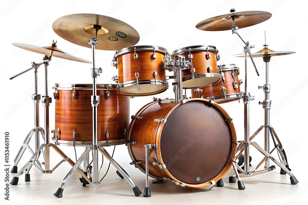 professional drum set with cymbals brown finish white background professional drum set with cymbals brown finish white background
