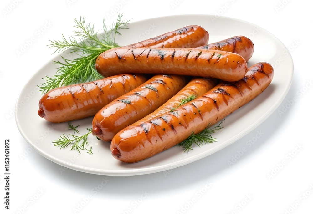 Grilled sausages on a plate, garnished with fresh dill Grilled sausages on a plate, garnished with fresh dill