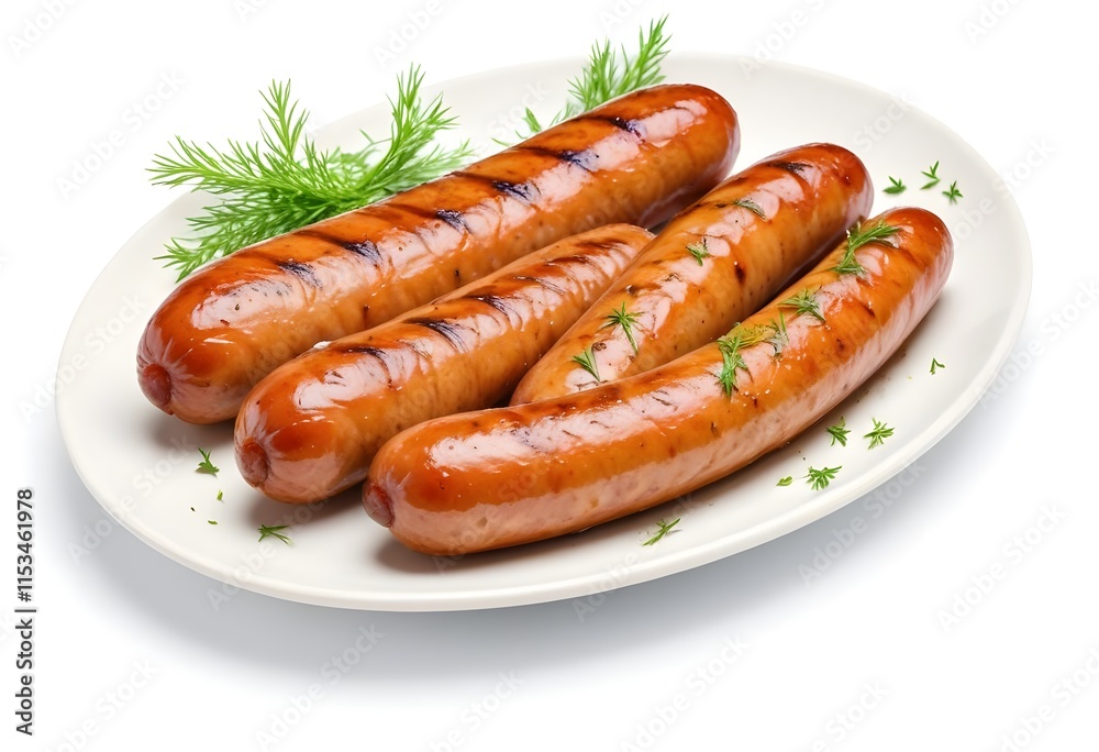 Grilled sausages on a plate, garnished with fresh dill Grilled sausages on a plate, garnished with fresh dill