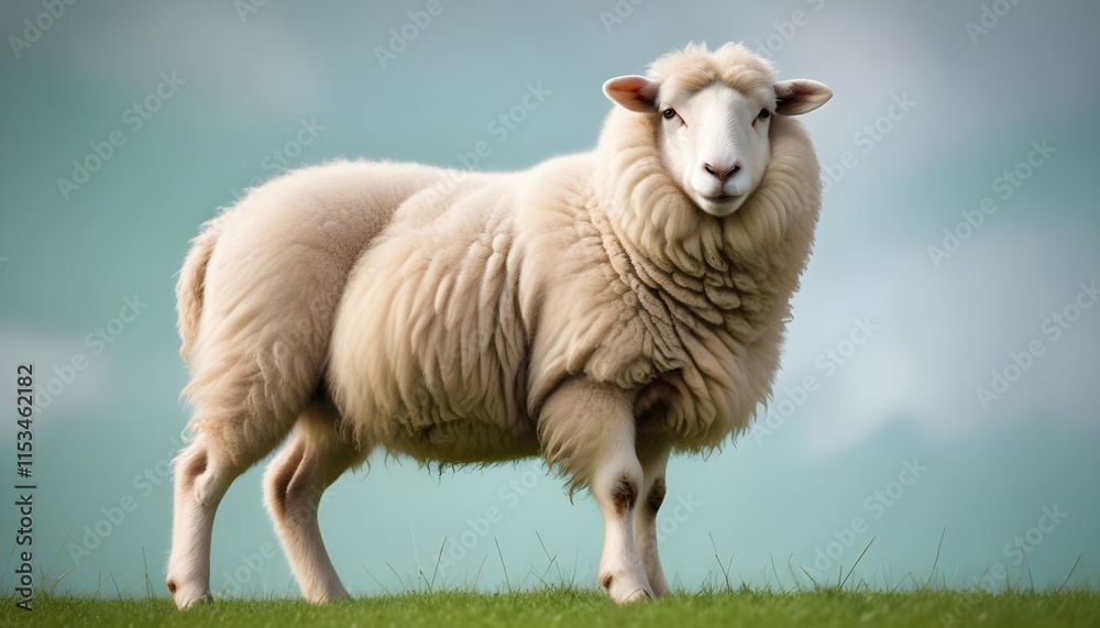 A white sheep with fluffy wool standing against a green field A white sheep with fluffy wool standing against a green field