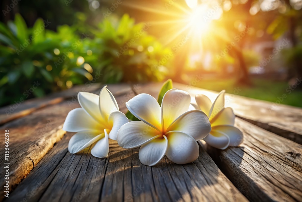 Fototapeta premium Wooden Table with White Frangipani Flowers - Tropical Still Life Photography