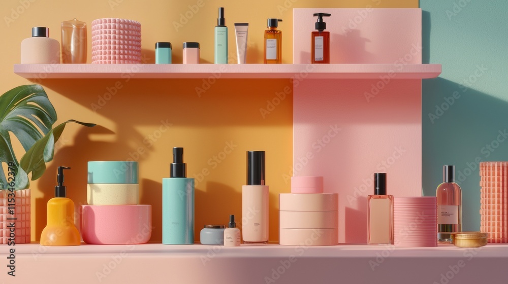 Modern beauty shelf with colorful cosmetics Modern beauty shelf with colorful cosmetics
