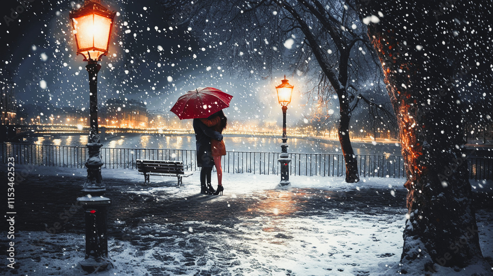 Obraz premium ROMANTIC DATE IN WINTER UNDER AN UMBRELLA ON THE RIVER EMBANKMENT