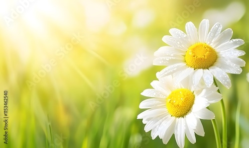 Two daisies with dew drops in sunny meadow.