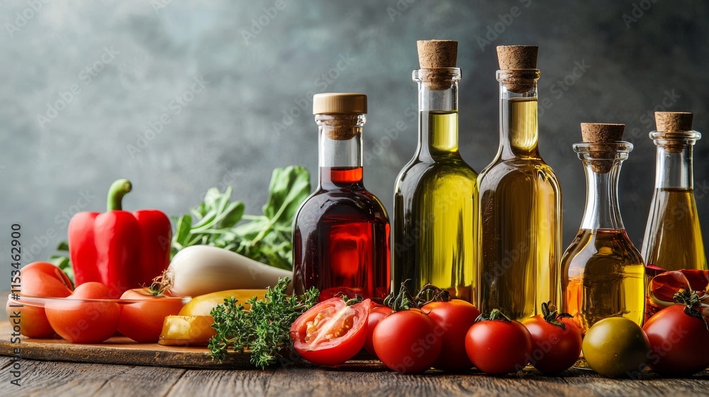 Selection of olive oils and fresh vegetables Selection of olive oils and fresh vegetables