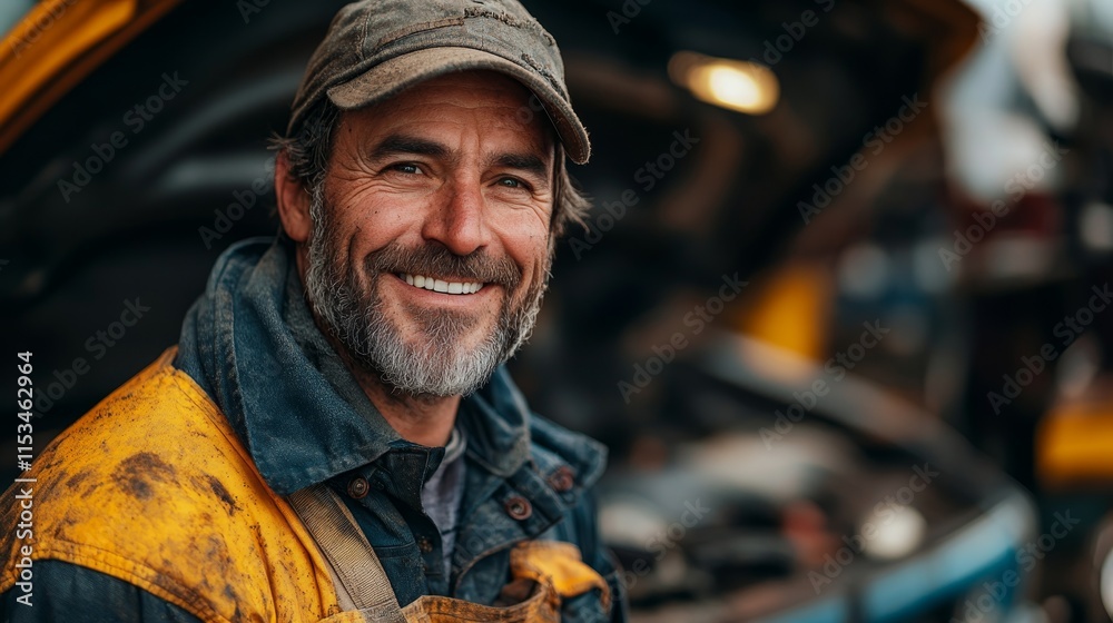 Smiling man wearing a cap and yellow apron stands in front of an open car hood in a workshop Smiling man wearing a cap and yellow apron stands in front of an open car hood in a workshop