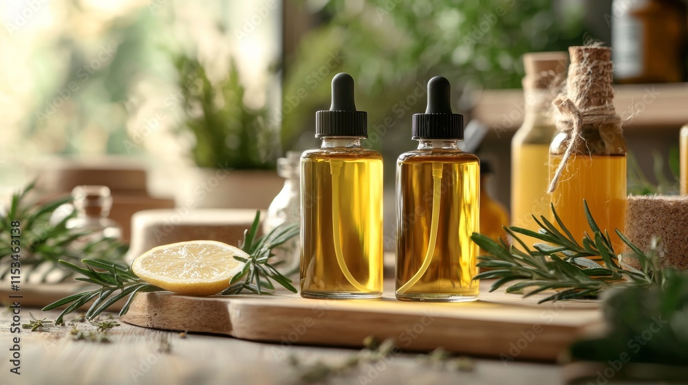 Herbal oils and glass bottles in a rustic setup Herbal oils and glass bottles in a rustic setup