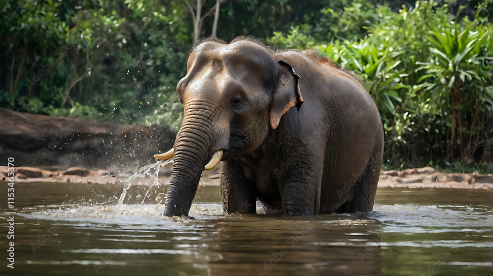 Fototapeta premium A male Asian elephant is enjoying bathing.