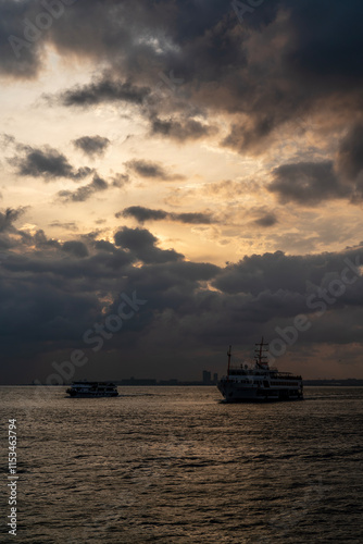 Istanbul Bosphorus with Two Vessels, Ships on the Bosphorus under Dramatic Sky, Bosphorus Strait with Two Ships at Twilight