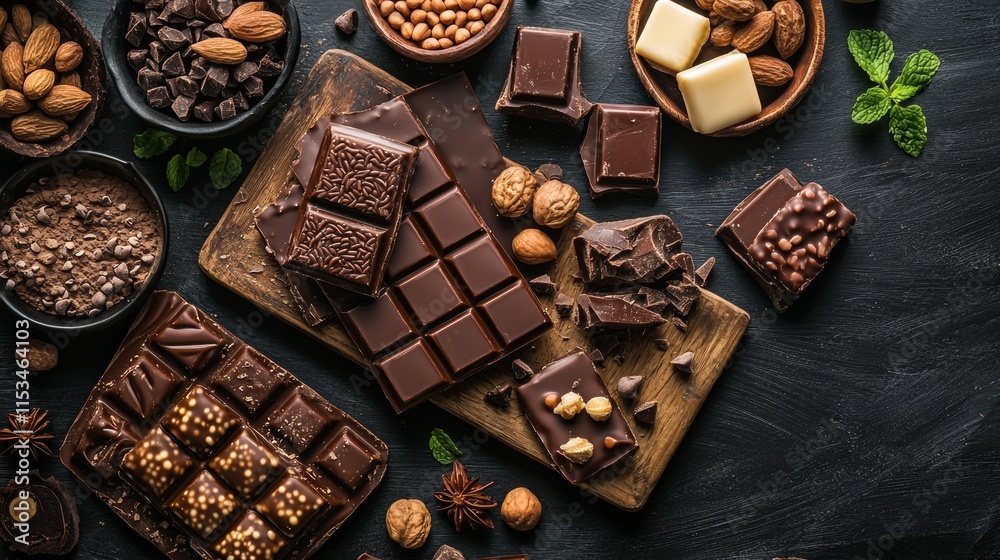 Assortment of artisanal chocolates on a dark surface Assortment of artisanal chocolates on a dark surface
