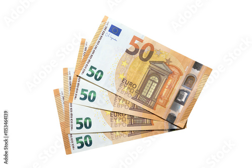 Top view of a pile of fifty euro banknote cash isolated over a white background