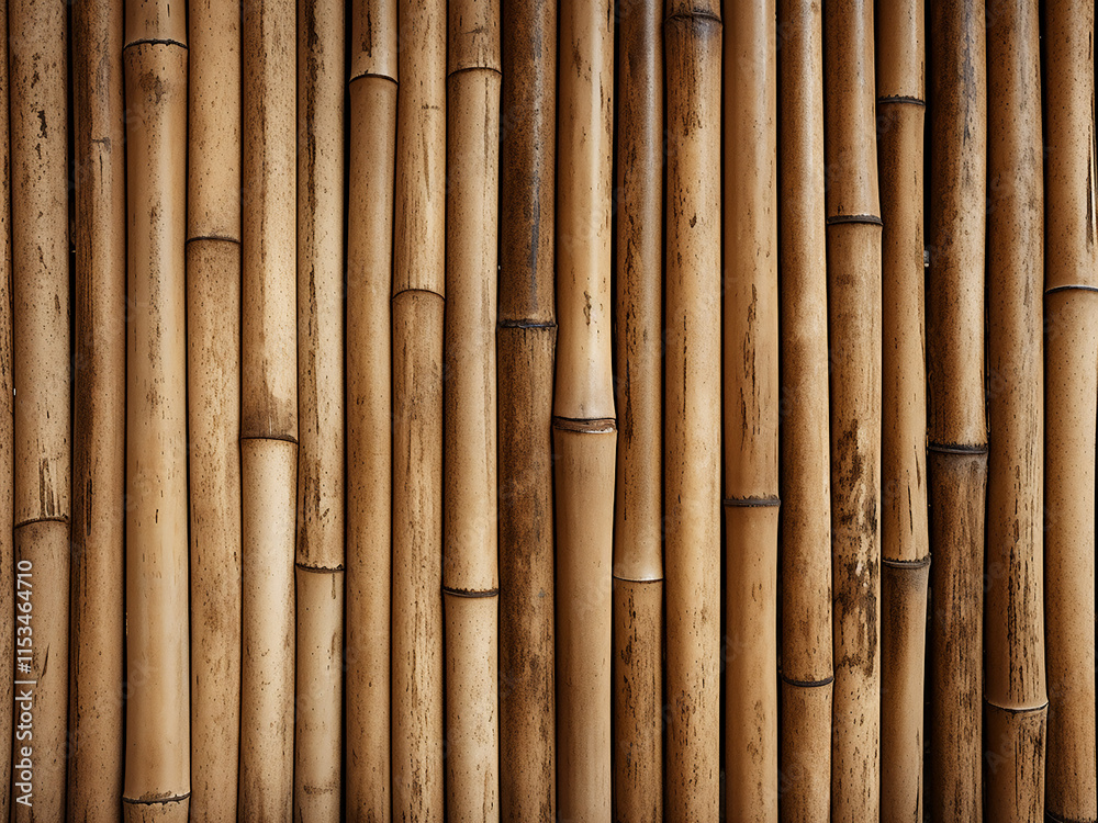 Fototapeta premium Close-up of aged bamboo strips on a wall creating a rustic natural look