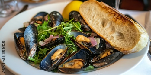 Savory seafood featuring mussels, arugula, and onions, complemented by lemon and baguette, presents an irresistible selection of clams in their shells for a delightful restaurant menu experience.