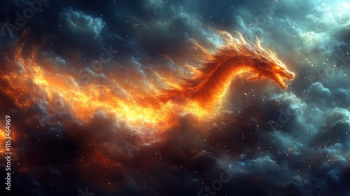 Fiery dragon soaring through stormy clouds.