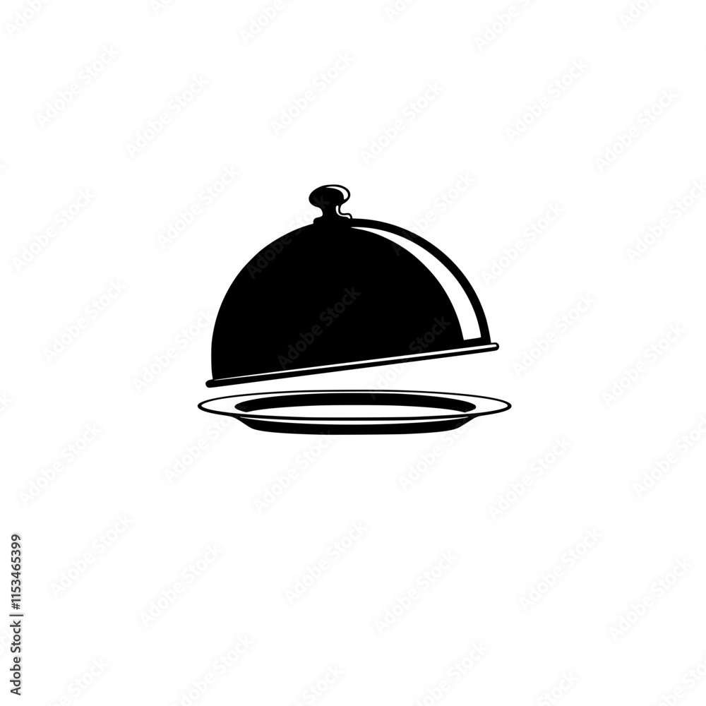 silhouette vector Silver serving cloche raised above empty golden plate, cut out silhouette vector Silver serving cloche raised above empty golden plate, cut out