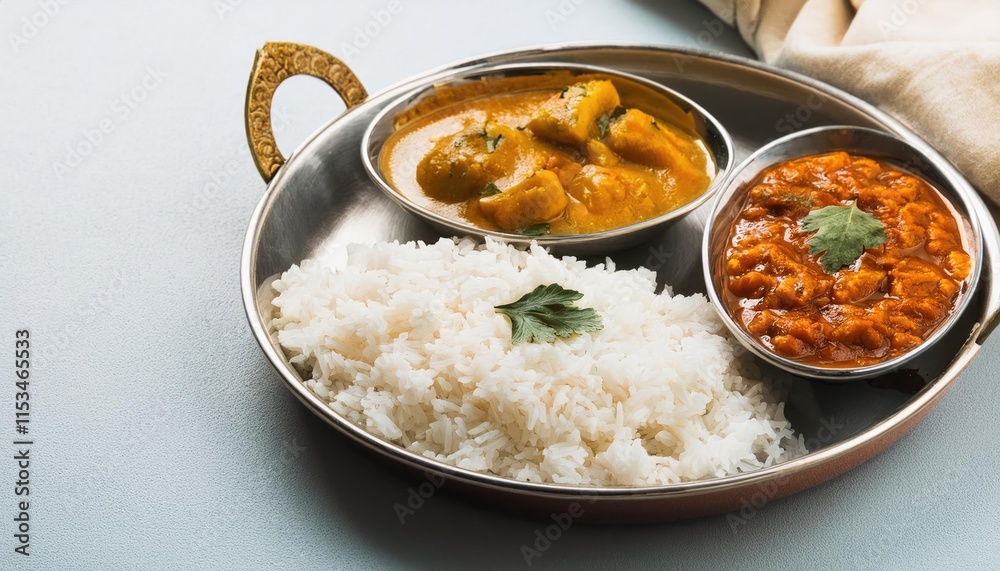 Delicious Indian Cuisine Spread with Rice and Curries Delicious Indian Cuisine Spread with Rice and Curries