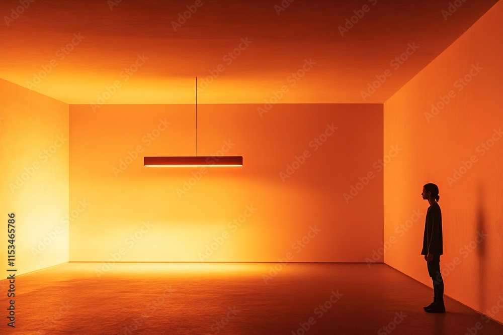 person stands under warm soft light in minimalist room person stands under warm soft light in minimalist room
