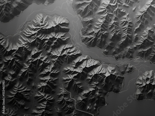 Elevation map of Pemagatshel district in grayscale with rivers and lakes photo