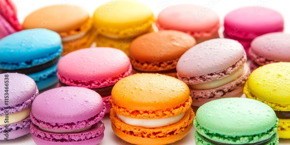 A closeup view of vibrant, colorful macaroon biscuits displayed against a clean white background, highlighting the delightful and diverse appeal of these tasty macaroon treats. A closeup view of vibrant, colorful macaroon biscuits displayed against a clean white background, highlighting the delightful and diverse appeal of these tasty macaroon treats.