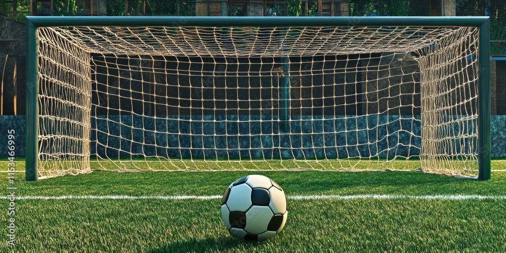 Fototapeta premium A soccer ball is found inside the goal on the playing field, indicating a successful shot in the game of soccer. The balls presence in the goal shows scoring.