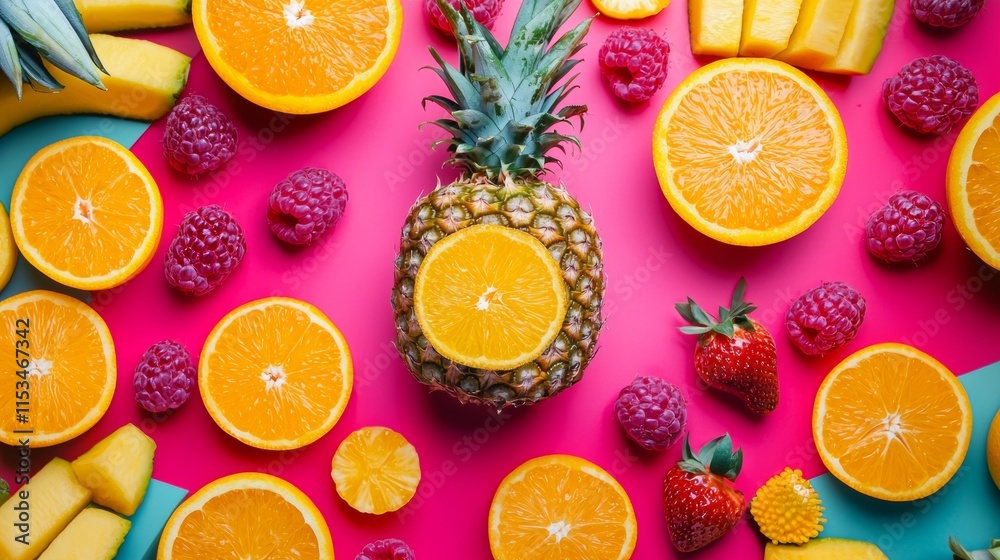 Vibrant tropical fruits on a colorful background Vibrant tropical fruits on a colorful background