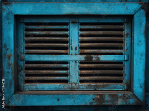 Rusty old ventilation grille on a blue painted metal wall photo