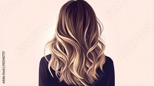 Woman from the back with balayage ombre hair dye technique, featuring a gradual transition from darker roots to lighter ends. Ombre. Illustration
